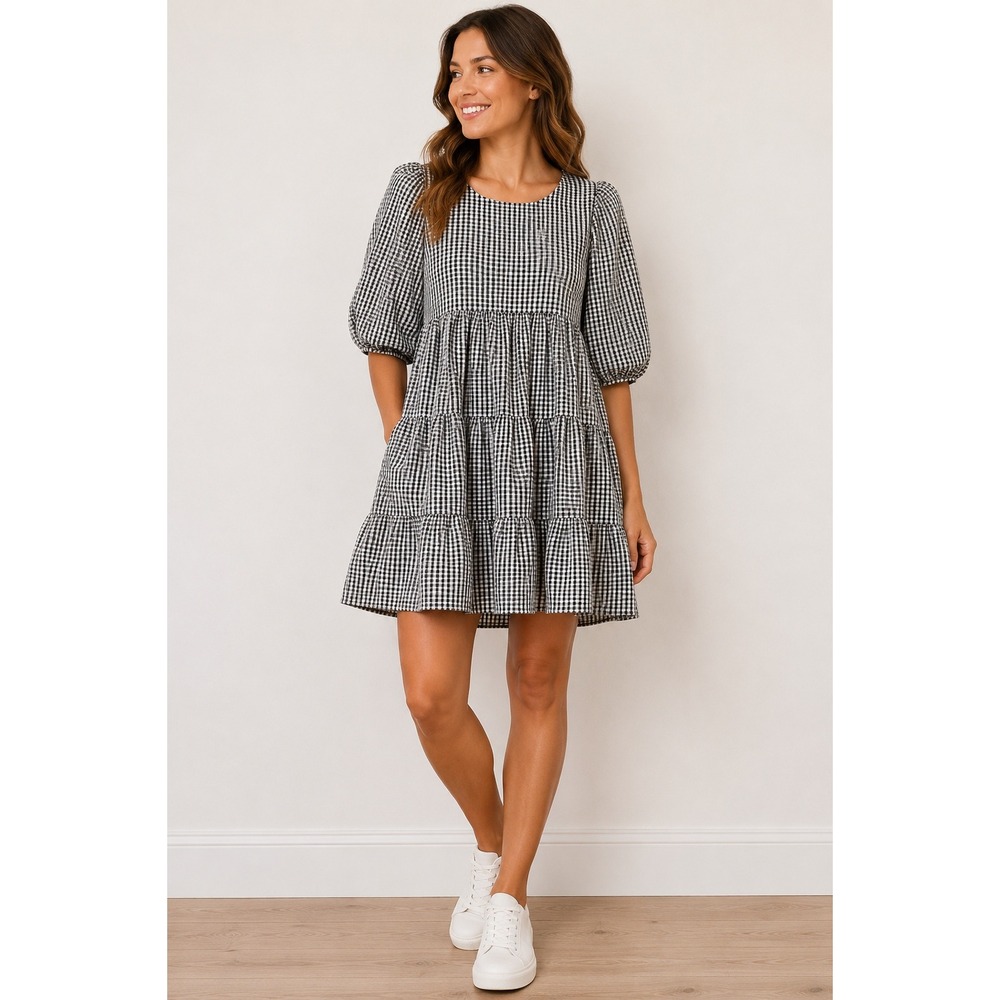 L.N.V. Womens Gingham‎ Tiered Babydoll Dress Black White Puff Sleeve Size M